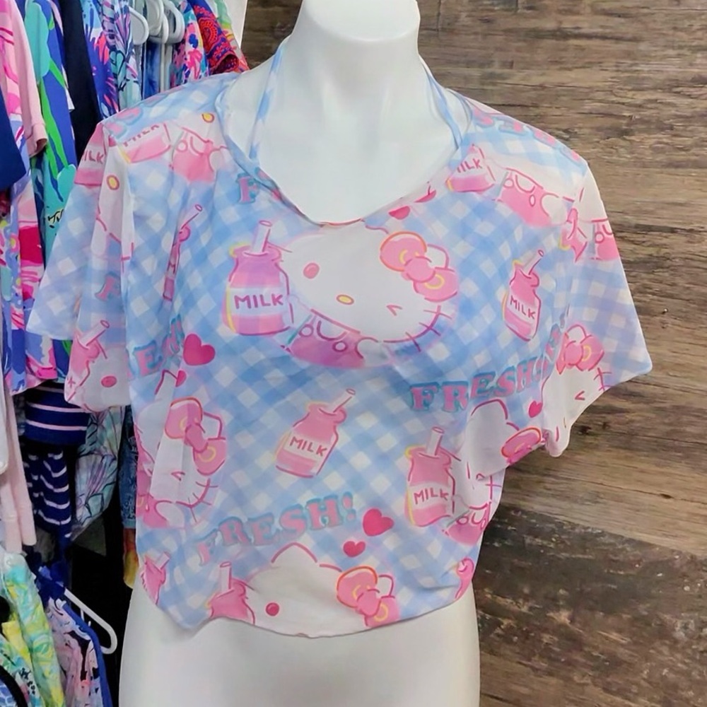 SHEIN Hello Kitty Pink and Blue Milk Carton Swim Cover Up